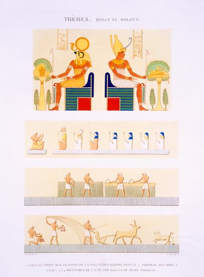 Illustrationen von bemalten Tafeln und Wandgemälden von den Harfen aus dem 5. Grab der Könige des Ostens, Tafel 90 aus Band II von 